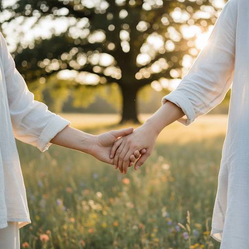 Gentle, supportive interaction showing hands held together in a bright, natural setting symbolizing human connection.