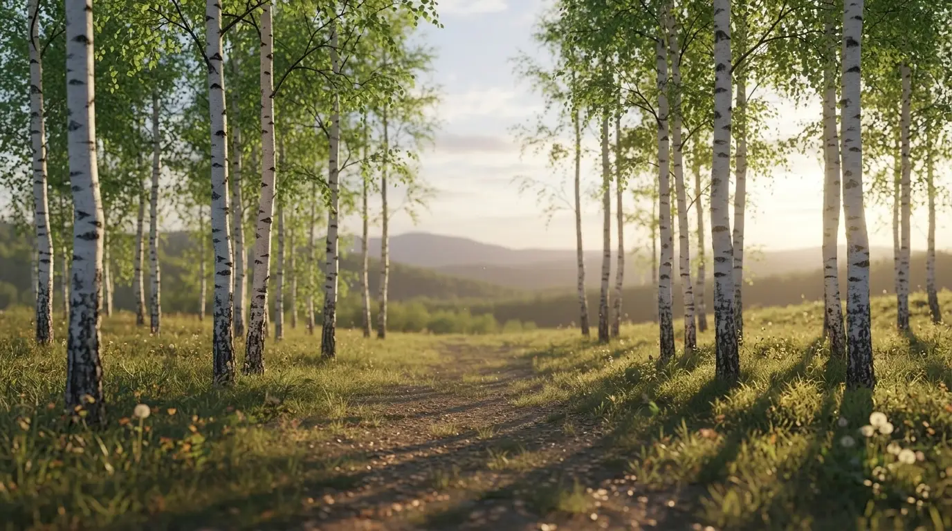 A tranquil and restorative path in the middle of a bright birch forest leading towards a soft horizon